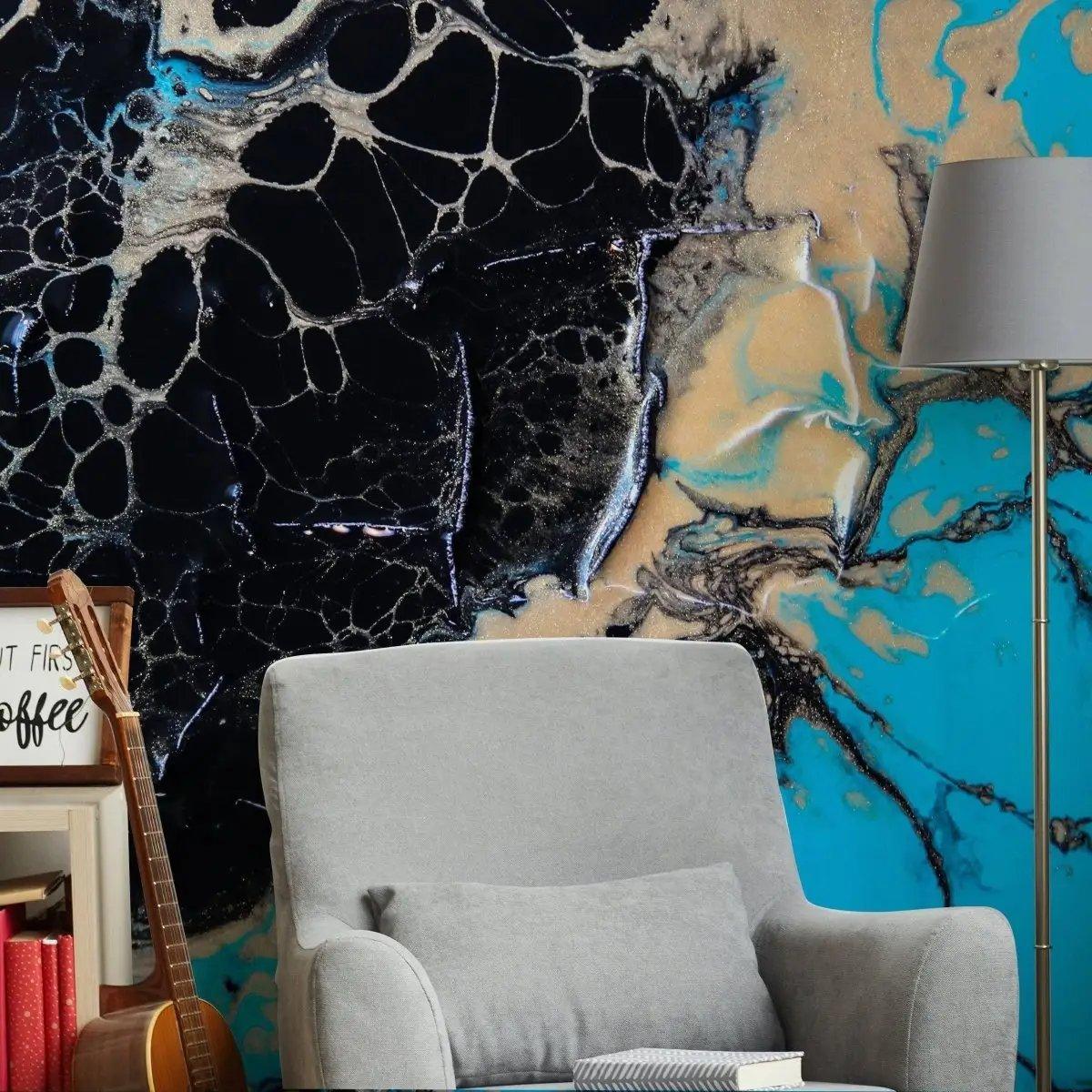 Elegant marble wall covering in a living room, featuring black, blue, and cream tones. Ideal for home decor transformation.