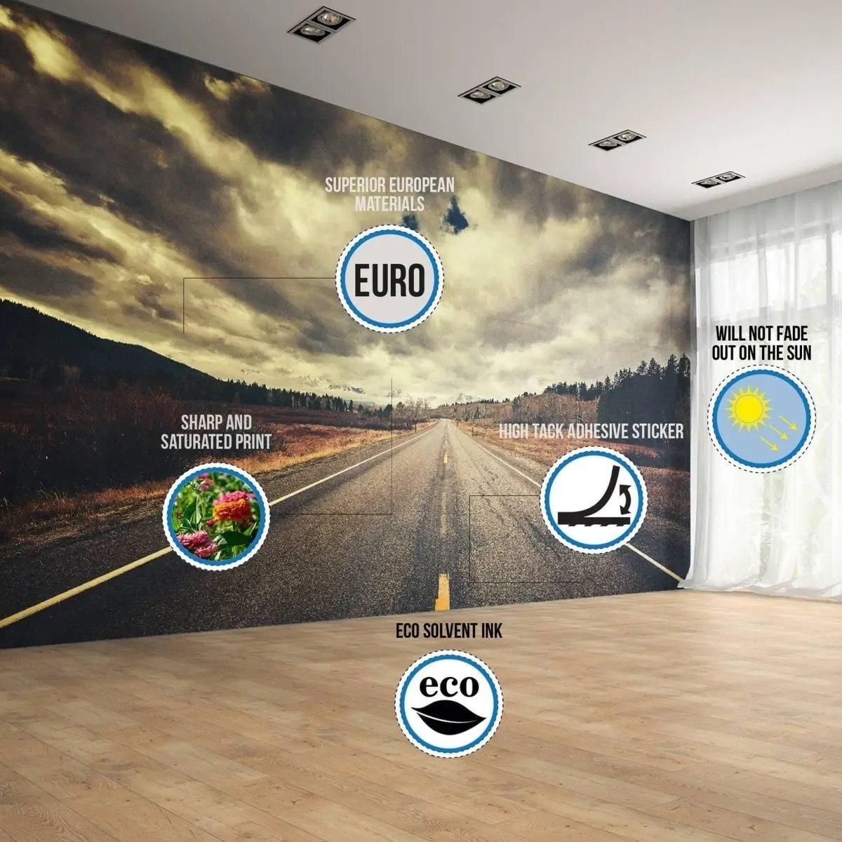 Stylish wall mural featuring a road scene, highlighting high-quality materials and eco-friendly ink.