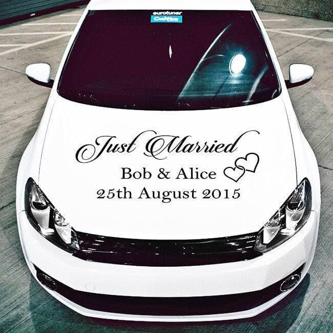 Just Married car decal featuring names Bob and Alice with the wedding date, elegantly designed for a bridal vehicle.