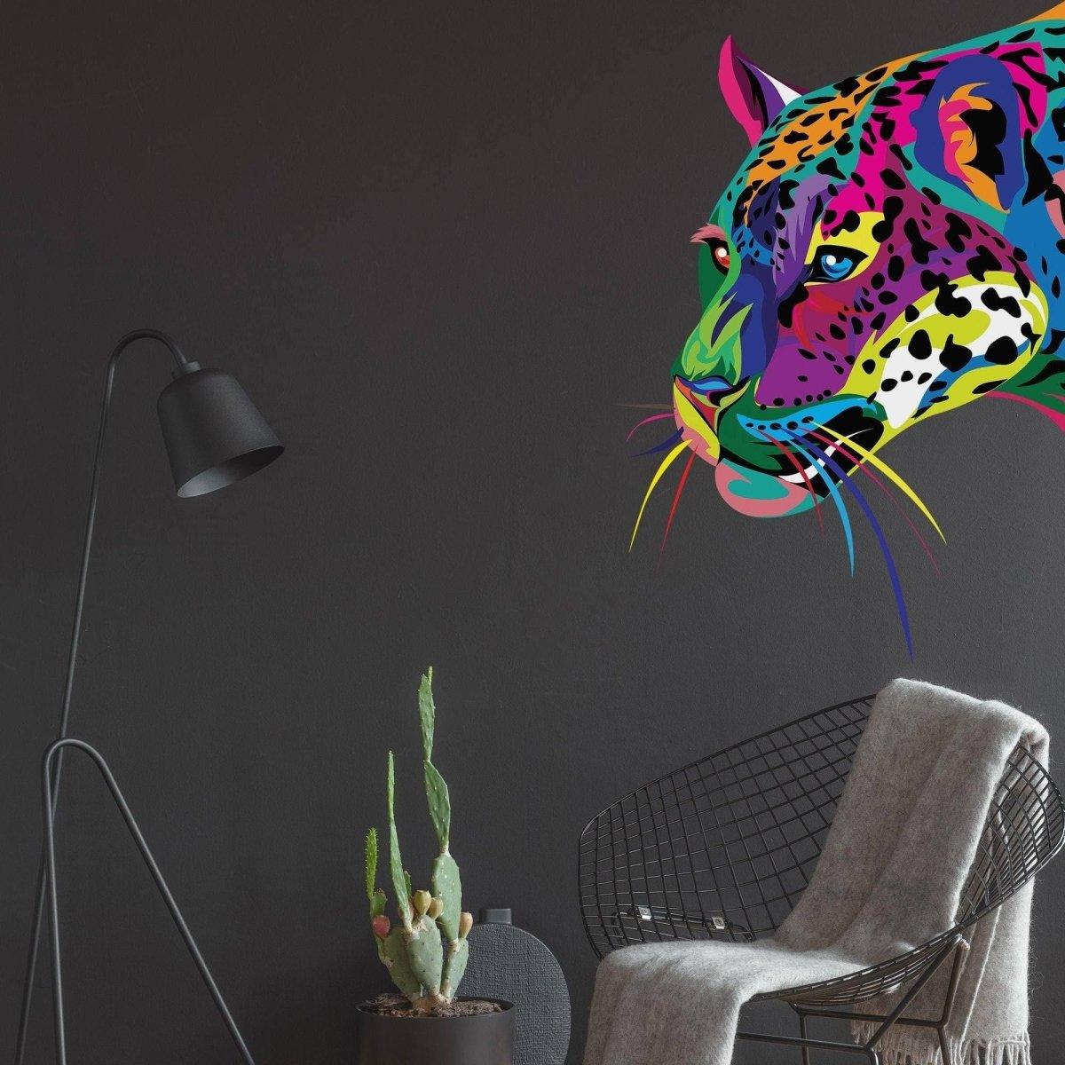 Colorful wall sticker of a jaguar head, adding vibrant wild charm to modern decor.
