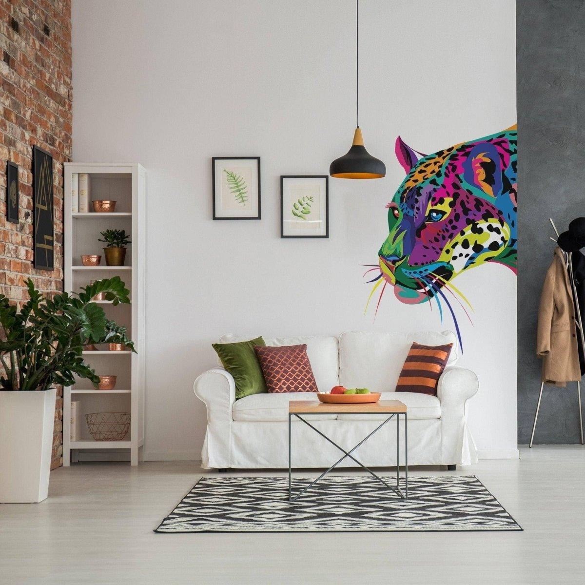 Colorful panther wall sticker adding a vibrant touch to a modern living room decor with cozy furniture.