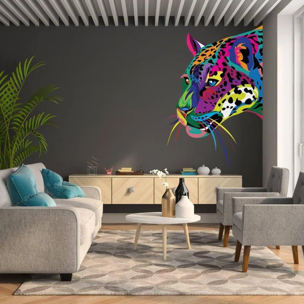 Vibrant wall sticker of a colorful jaguar design in a modern living room setting.