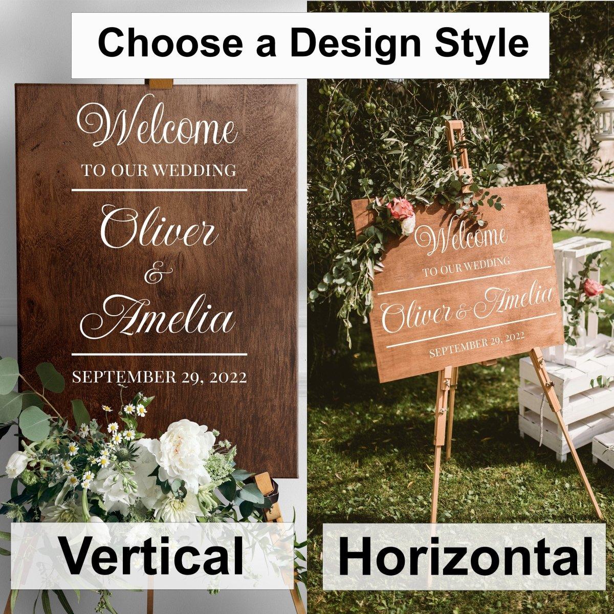 Vertical and horizontal wedding welcome sign decals featuring names and date on elegant surfaces.
