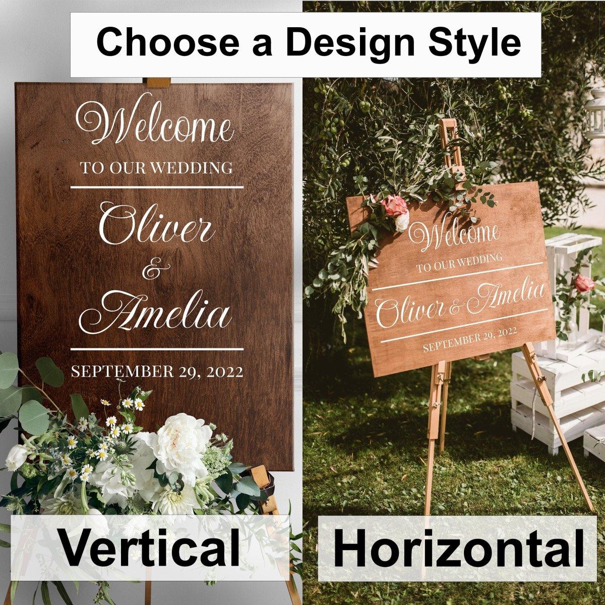 Customizable wedding welcome sign options in vertical and horizontal styles featuring couples' names.
