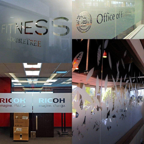 Stylish glass decals showcasing elegant privacy designs for office and fitness spaces.