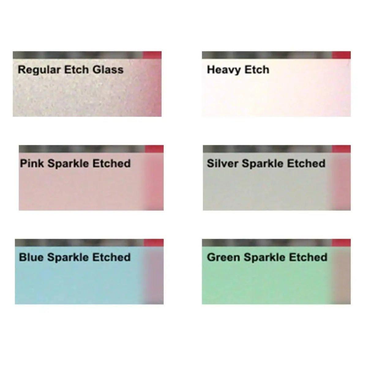 Sample swatches of frosted window films: Regular, Heavy, Pink, Silver, Blue, and Green Sparkle Etch.