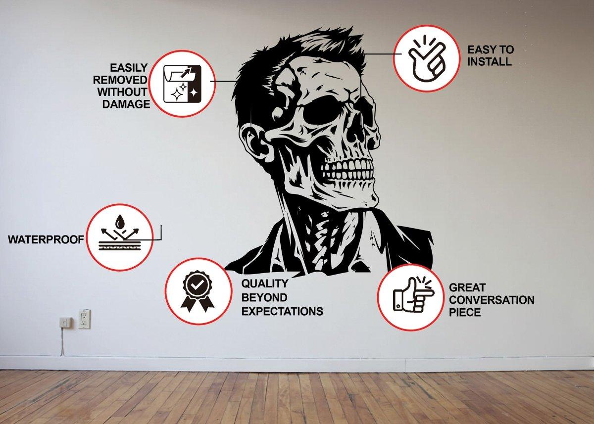 Chic skull wall sticker featuring a refined skeleton face with installation benefits highlighted for Halloween decor.