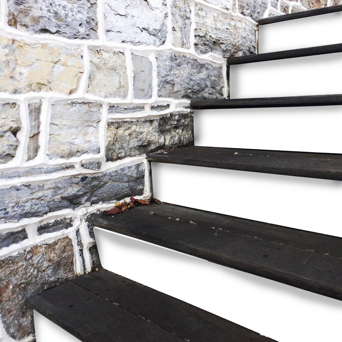 Elegant staircase makeover featuring white self-adhesive risers, adding sophistication to home decor.
