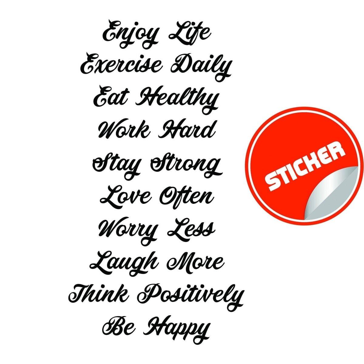 Vinyl staircase decals with inspirational quotes: Enjoy Life, Exercise Daily, Be Happy, and more.