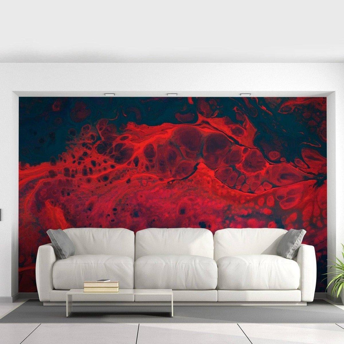 Chic faux stone self-adhesive wall covering wallpaper in red and black design, enhancing modern living room decor.