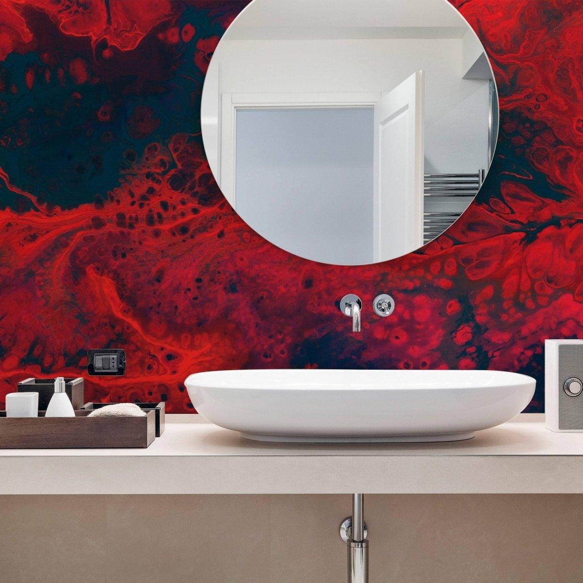 Chic red marble vinyl wallpaper in modern bathroom with a round mirror and stylish basin.