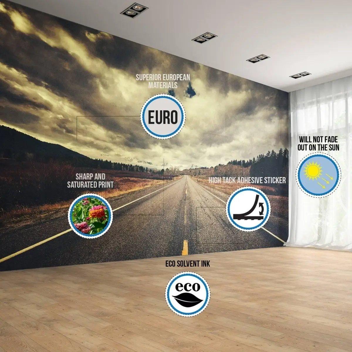Interior featuring a wall mural with a road scene, highlighting eco-friendly materials and fade resistance.