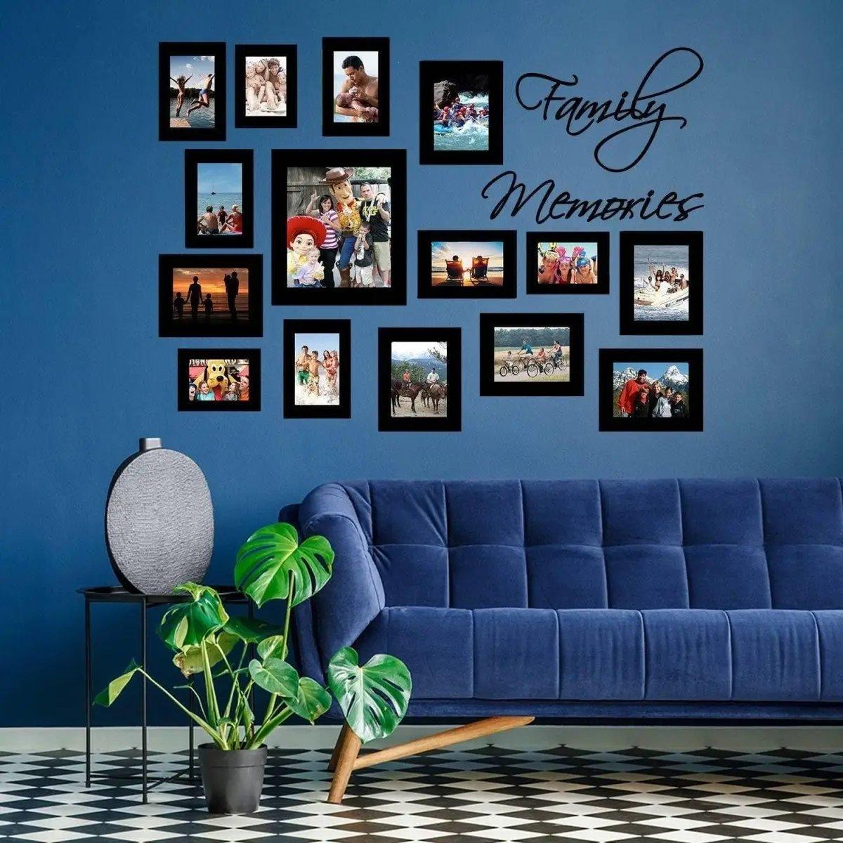 Stylish vinyl wall sticker with picture frames and 'Family Memories' art above a blue couch in a modern living room.