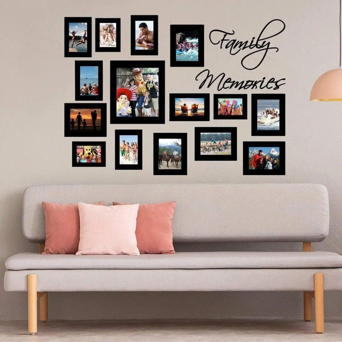 Stylish wall decor with family photo frames and the phrase 'Family Memories' above a cozy sofa.