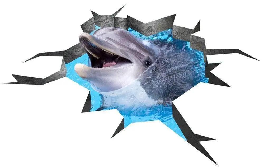 3D dolphin breaking through the wall design with water effect, perfect for creative home decor.