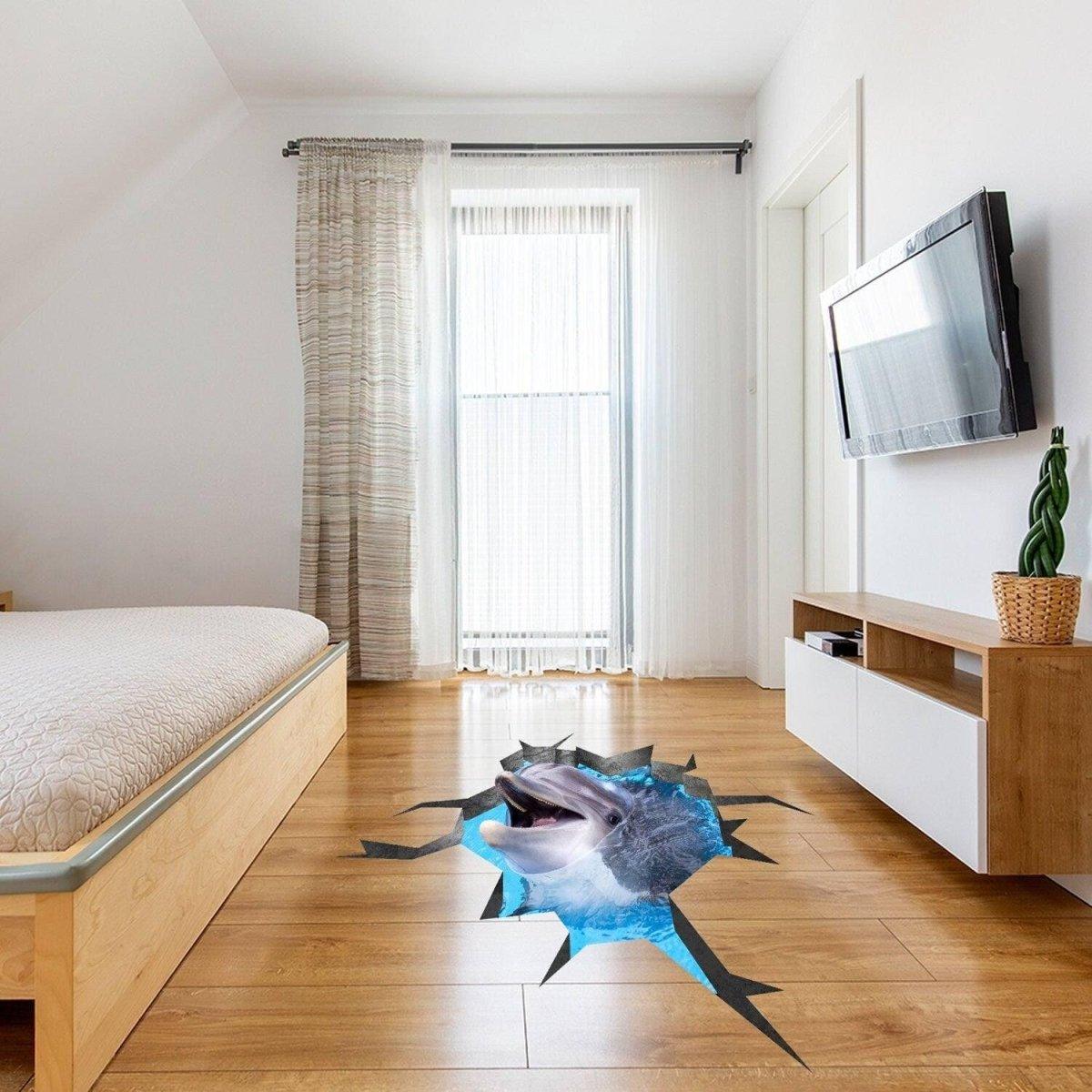 3D dolphin vinyl floor decal creating a stunning visual effect in a modern bedroom.