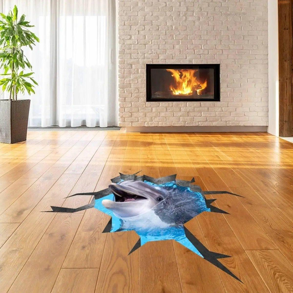3D dolphin vinyl floor decal in modern living room with wooden floor and fireplace.
