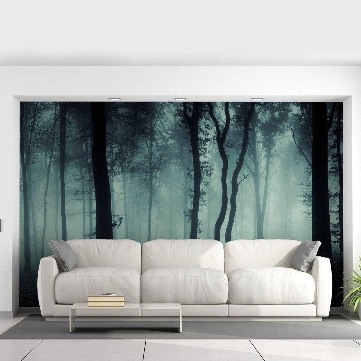 Foggy forest mural behind a modern white sofa, creating a serene and mystical living room atmosphere.