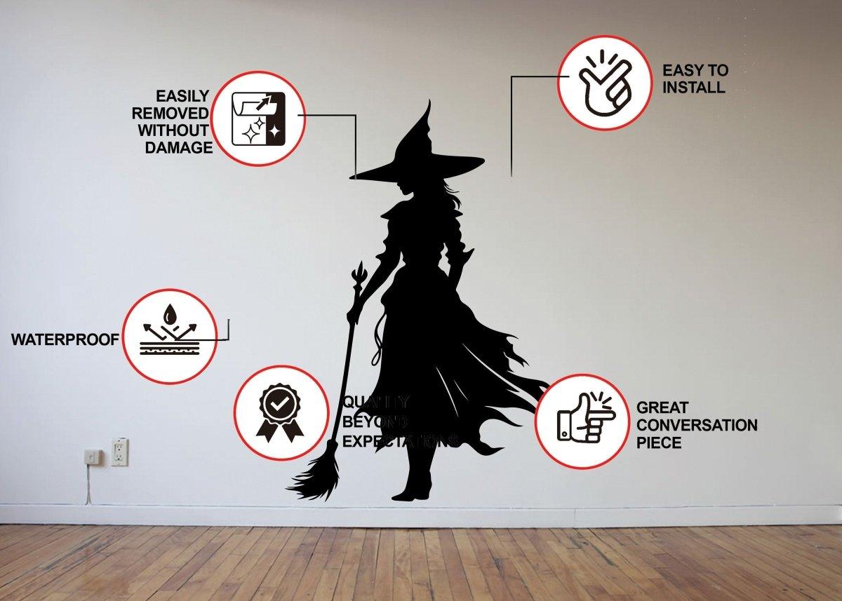 Witch silhouette decal with features: easy to install, waterproof, easily removable, great conversation piece.