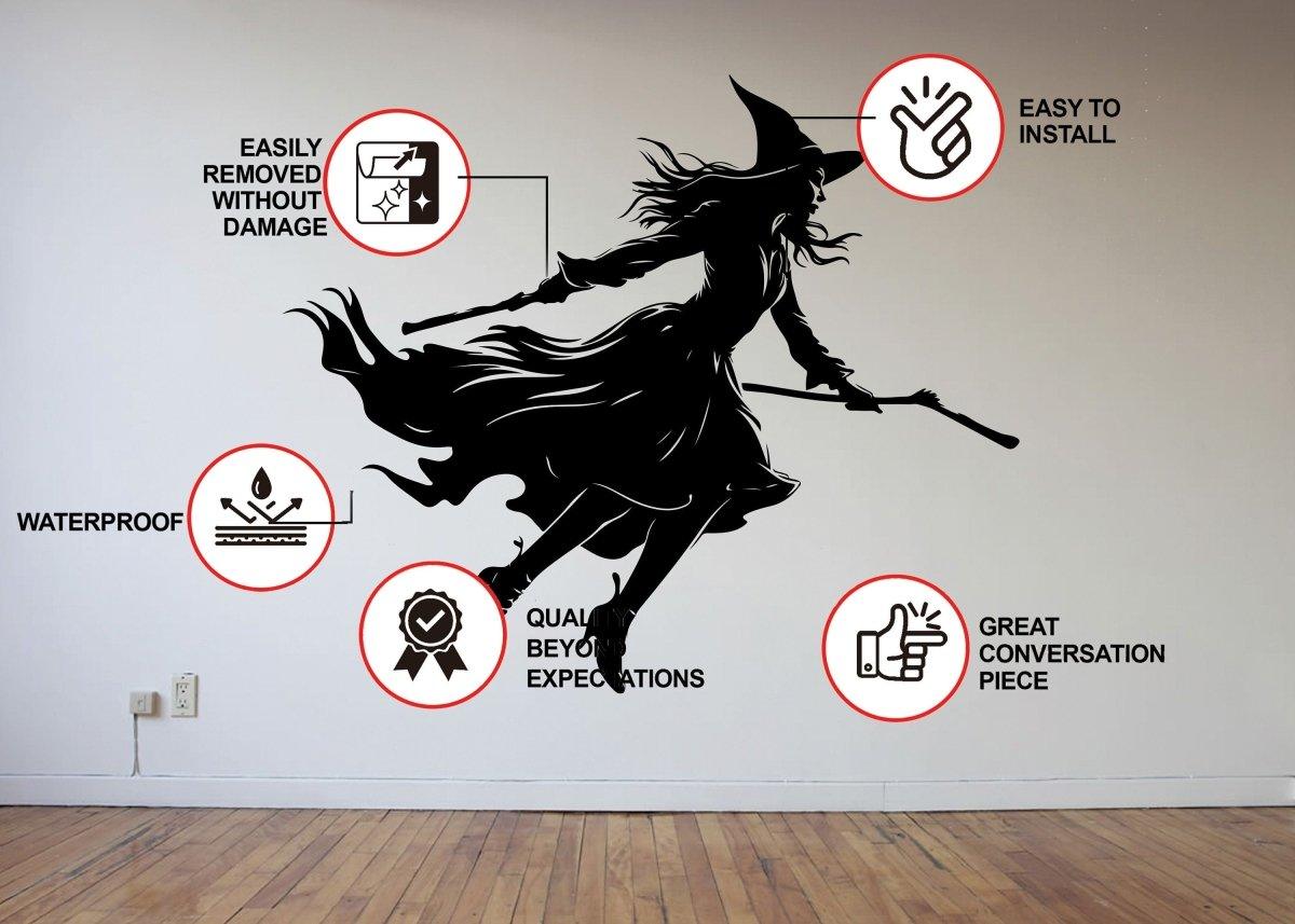 Flying witch broom silhouette decal on wall with installation icons and features highlighted for Halloween decor.