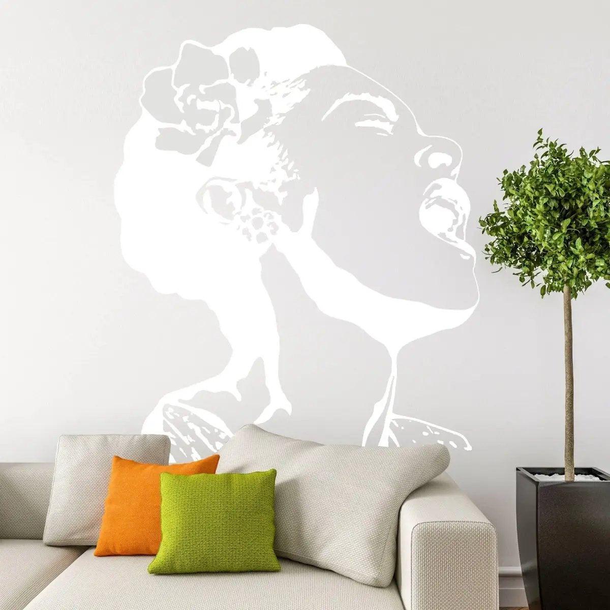 Wall decal of a woman singing passionately, adorned with a flower, designed to enhance interior decor.