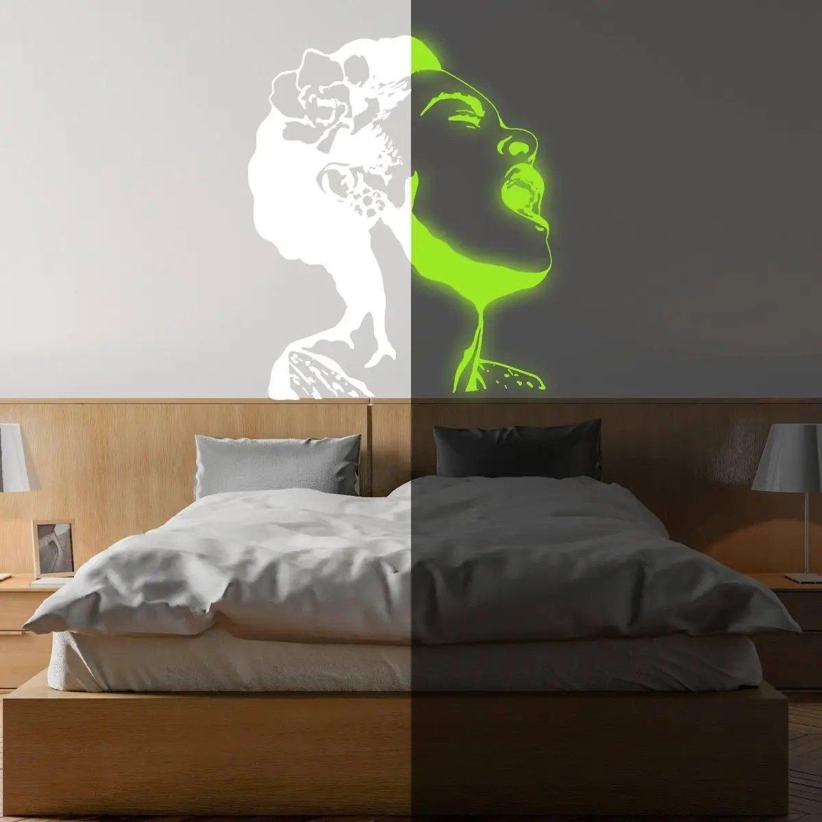 Glow in the dark wall decal of a singing woman, enhancing bedroom ambiance with luminous art.