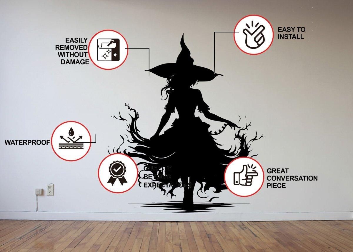 Sultry witch silhouette wall decal with installation features and benefits for Halloween decor.