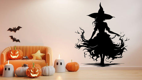 Enchanting sorceress silhouette decal in a Halloween-themed room with pumpkins and bats.