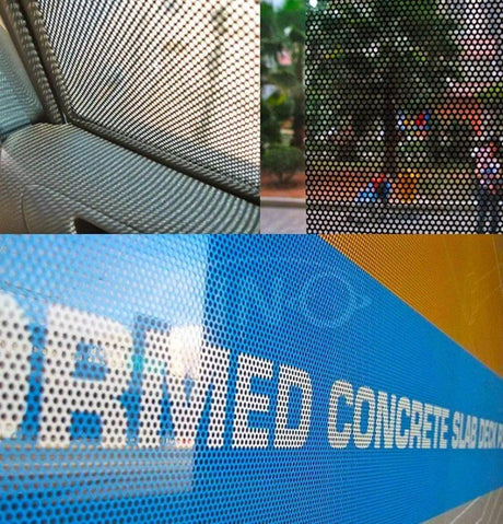 One way vision film showcasing perforated pattern on windows for privacy and design, enhancing aesthetics.