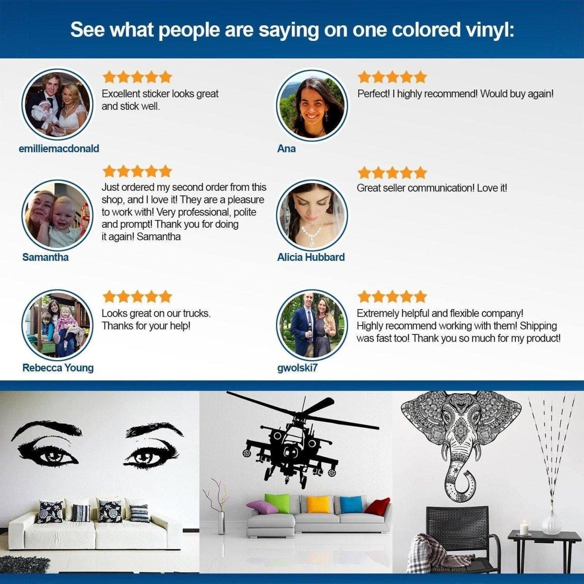 Customer testimonials for one colored vinyl wall stickers with reviews and stylish wall art designs.