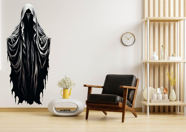 Ethereal Halloween ghoul wall decal in a stylish living room, adding spooky decor for the season.