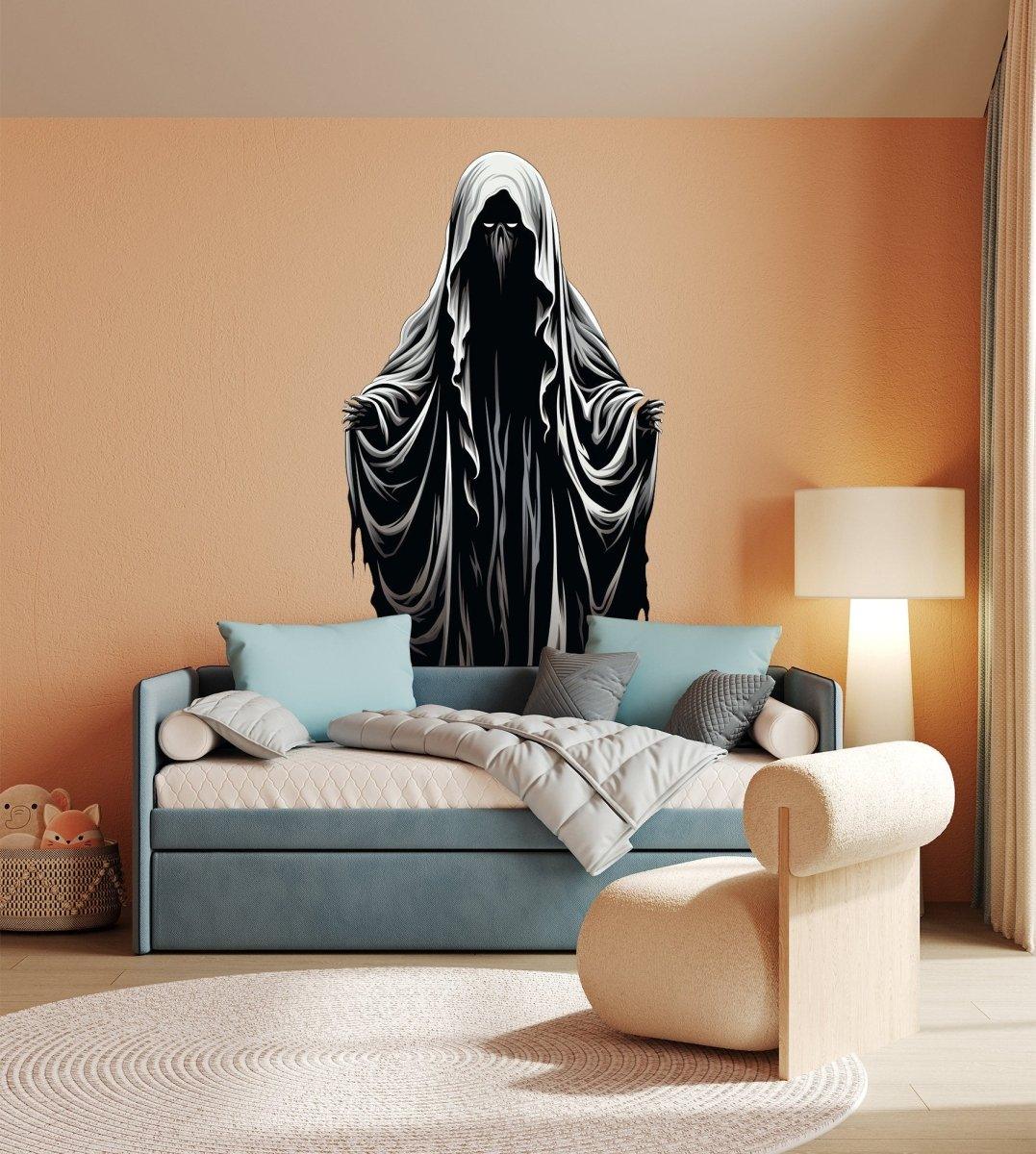 Ethereal Halloween ghoul wall decal creating spooky ambiance in a cozy room with light-colored decor.