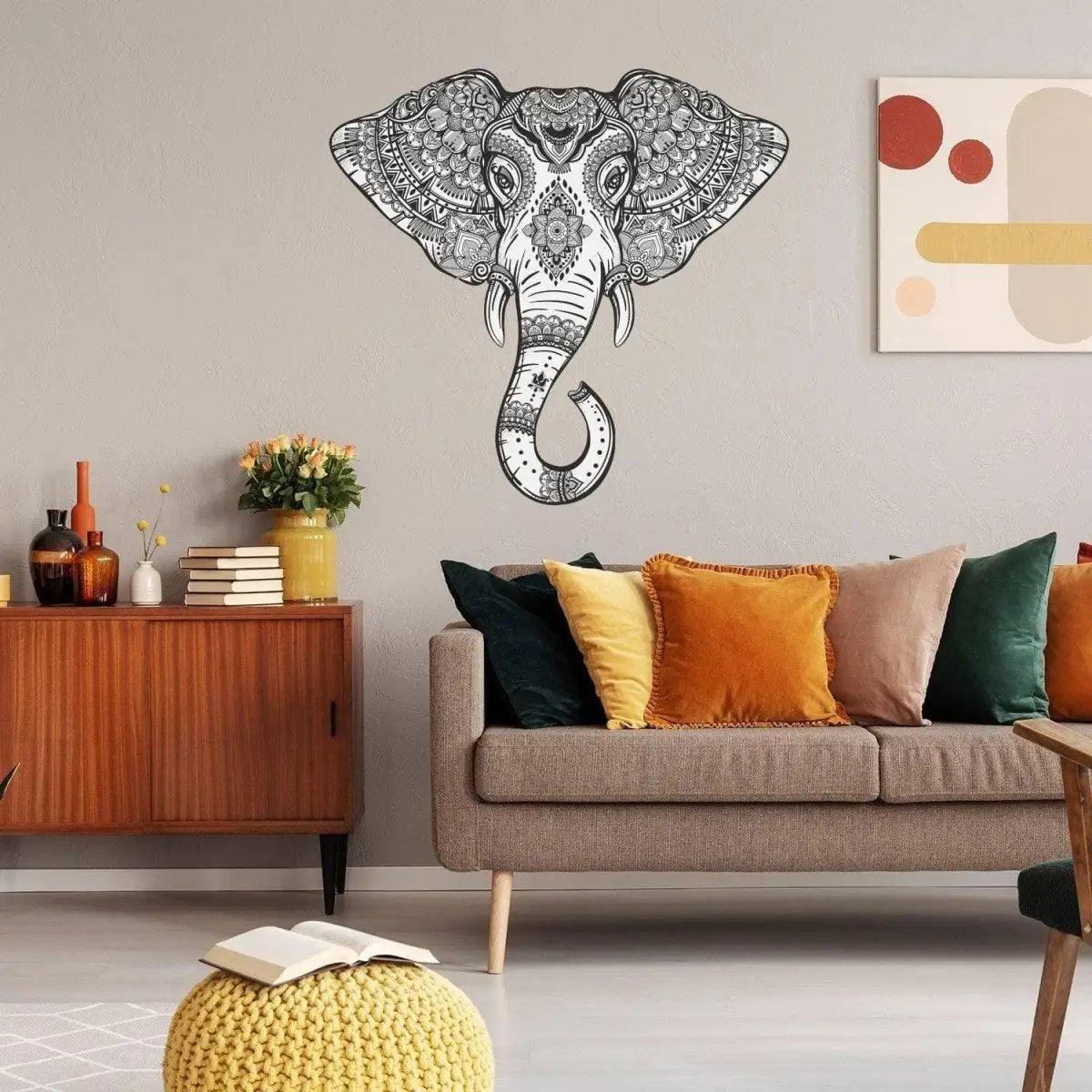 Vinyl Elephant Wall Sticker showcasing intricate tribal design, adding wisdom and wealth to modern living space.
