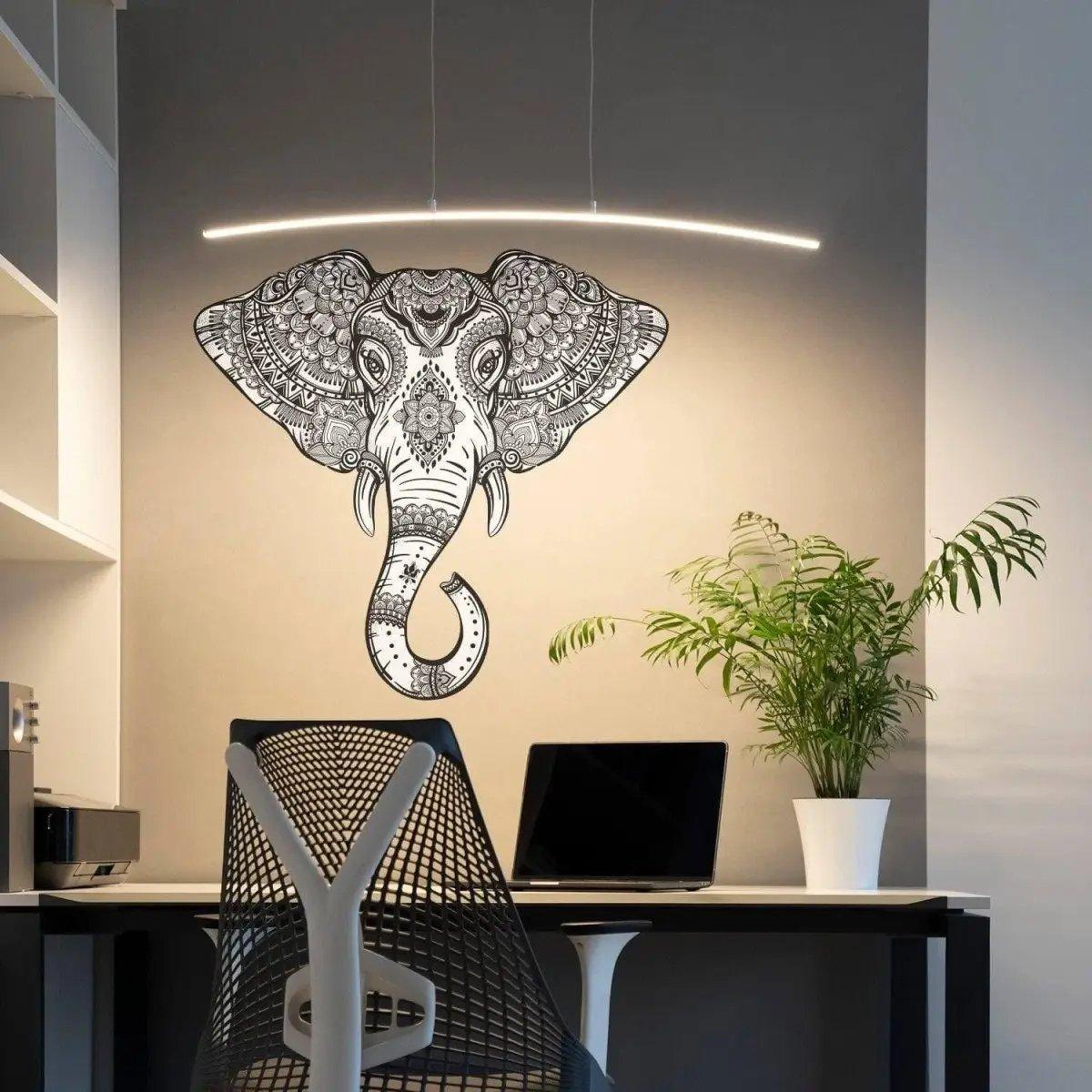 Stylish vinyl elephant wall sticker in modern office setting, symbolizing wealth and wisdom.