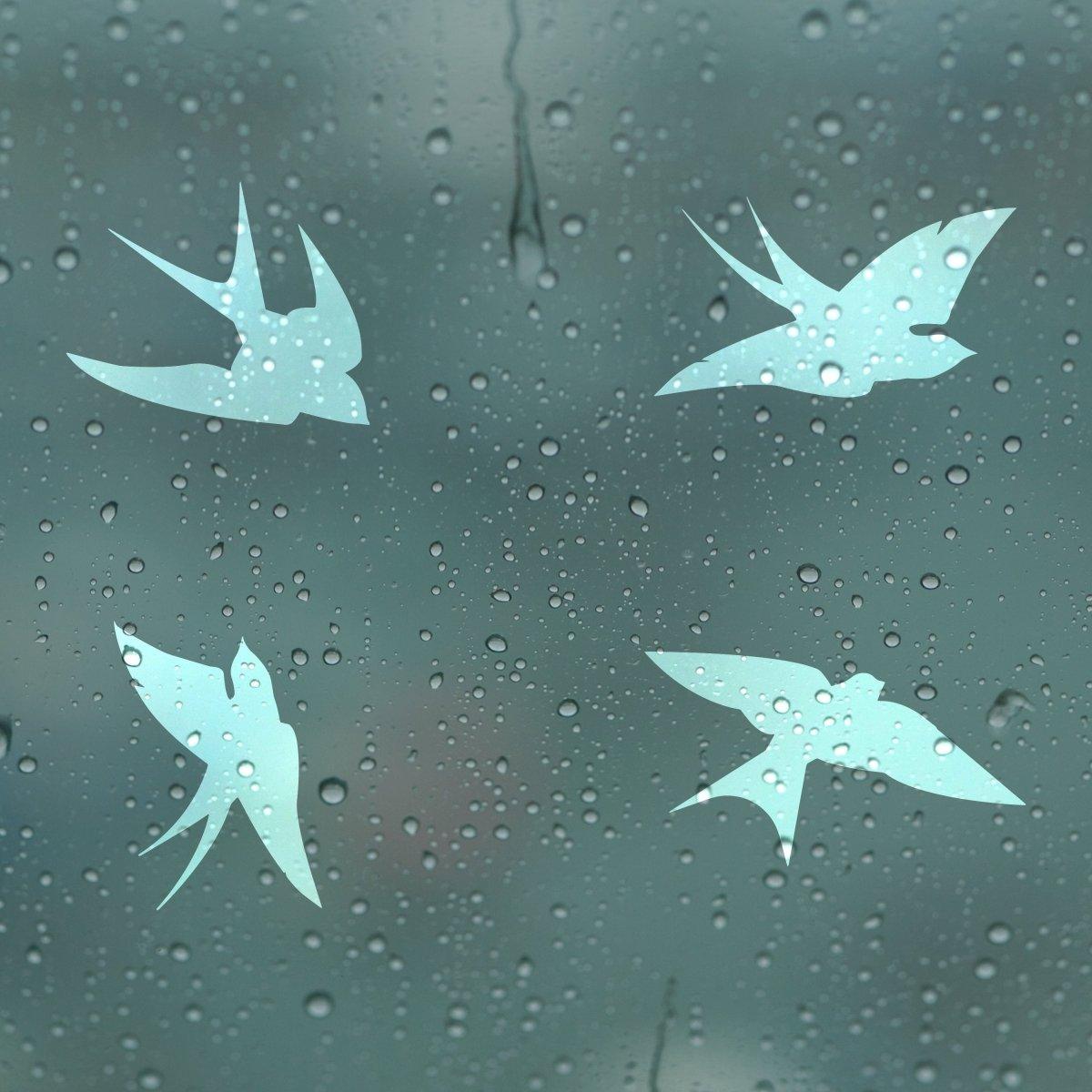 Frosted bird silhouette decals on a rainy window, designed to prevent bird collisions and enhance aesthetics.