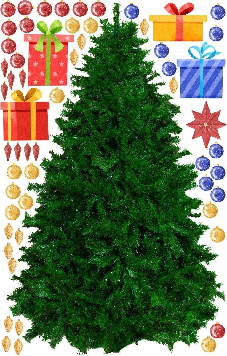Large green Christmas tree with colorful ornaments, gifts, and decorations for holiday cheer.