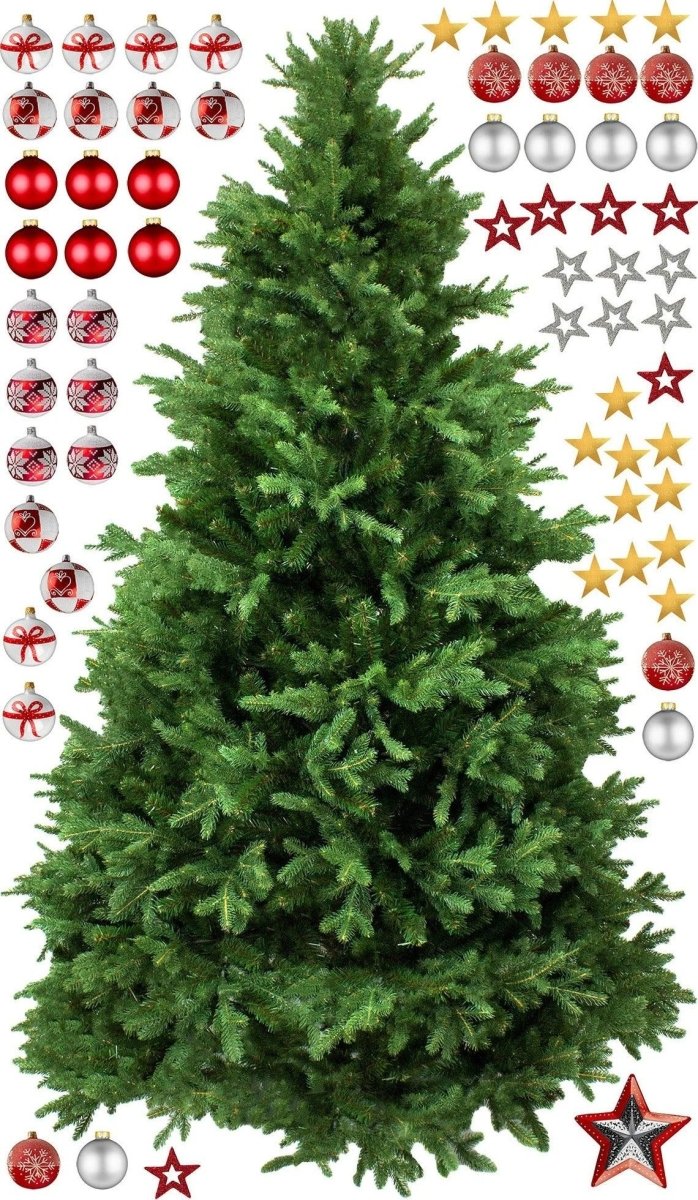 Realistic Christmas tree surrounded by colorful ornaments and festive decorations for holiday cheer.