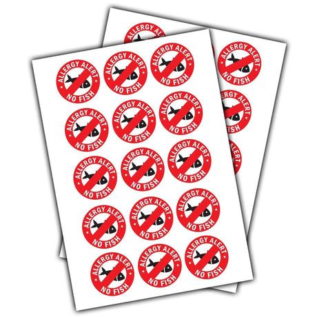 Pack of bright red round allergy alert stickers stating 'No Fish,' ideal for raising allergy awareness.