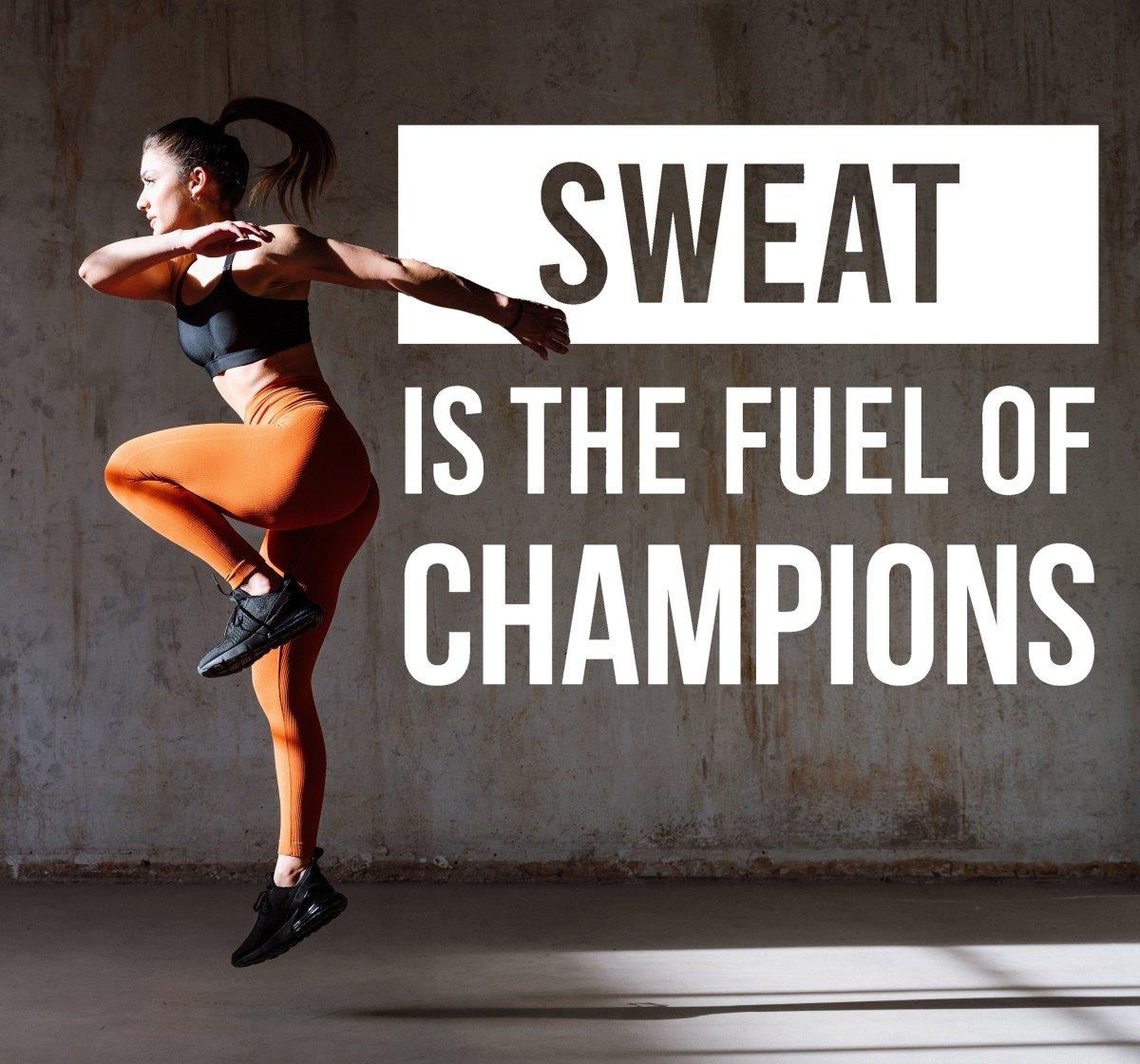 Person in workout gear jumping with motivational quote 'Sweat is the fuel of champions' for fitness inspiration.