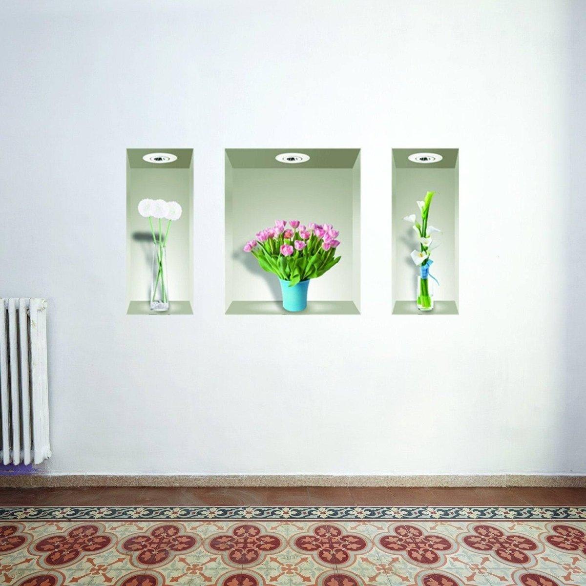 Three 3D floral wall decals in vases on a wall, enhancing home decor with vibrant flowers.