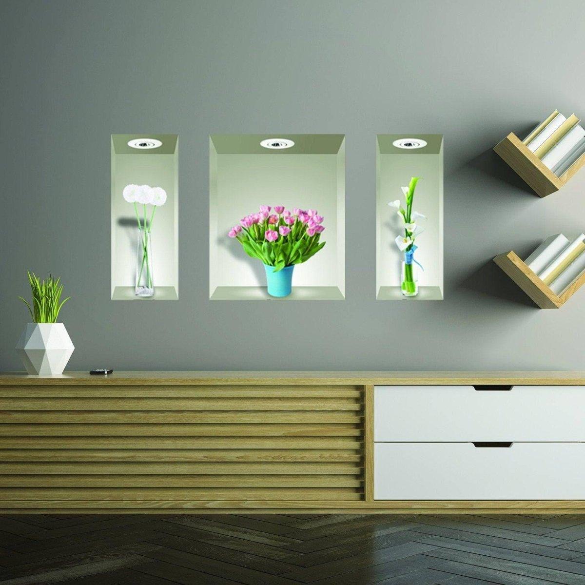 3D wall decals featuring vibrant flower vases in modern home decor, enhancing interior aesthetics.