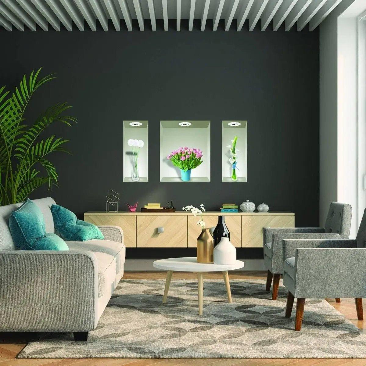 Modern living room with 3D flower vase wall decals, showcasing vibrant floral decor and stylish furniture.