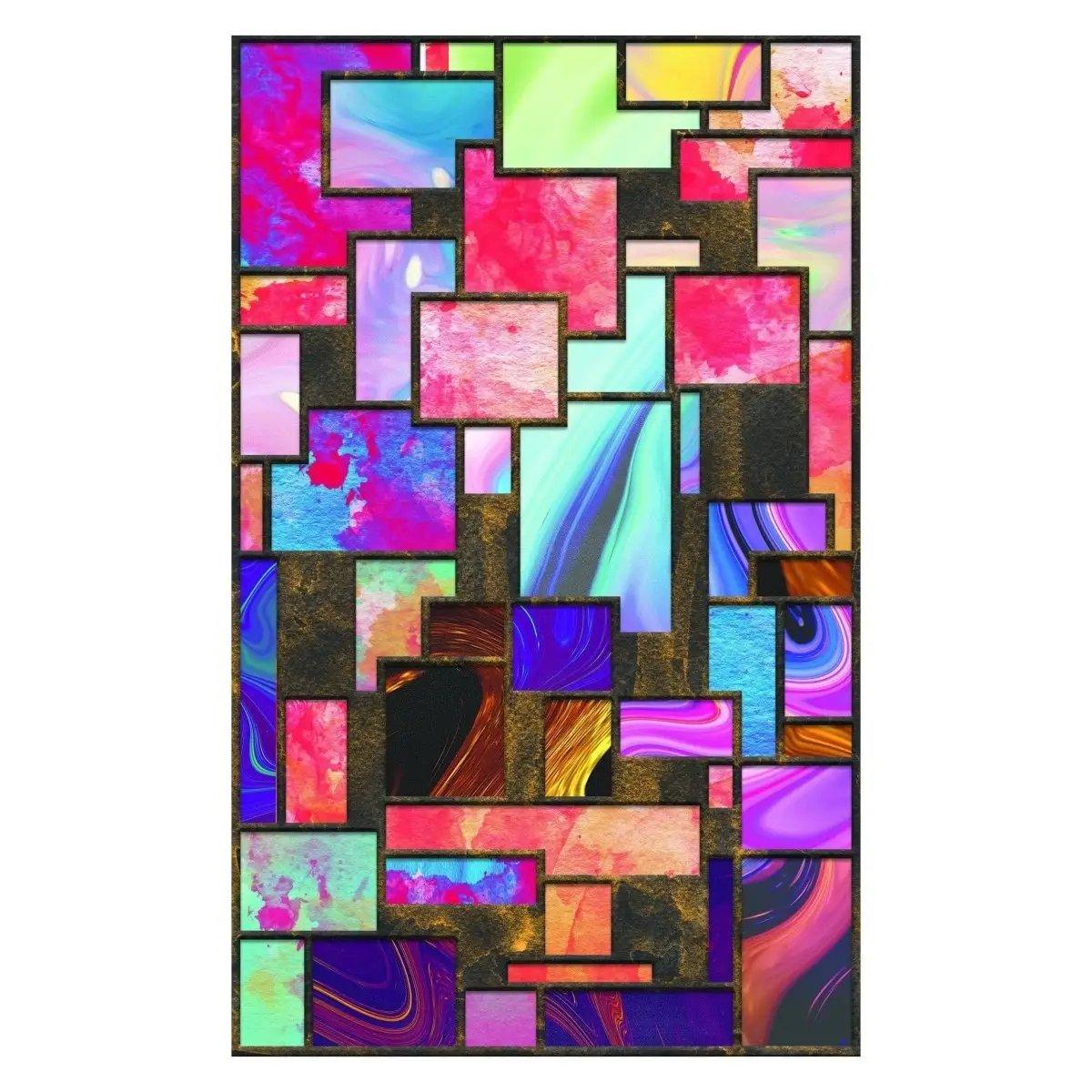 Colorful abstract window film design featuring vibrant patches and textures for decorative privacy.