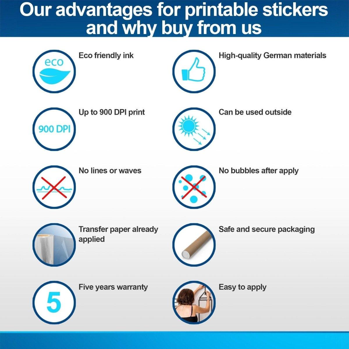 Infographic listing advantages of printable stickers: eco-friendly ink, high-quality materials, 900 DPI print, and easy application.
