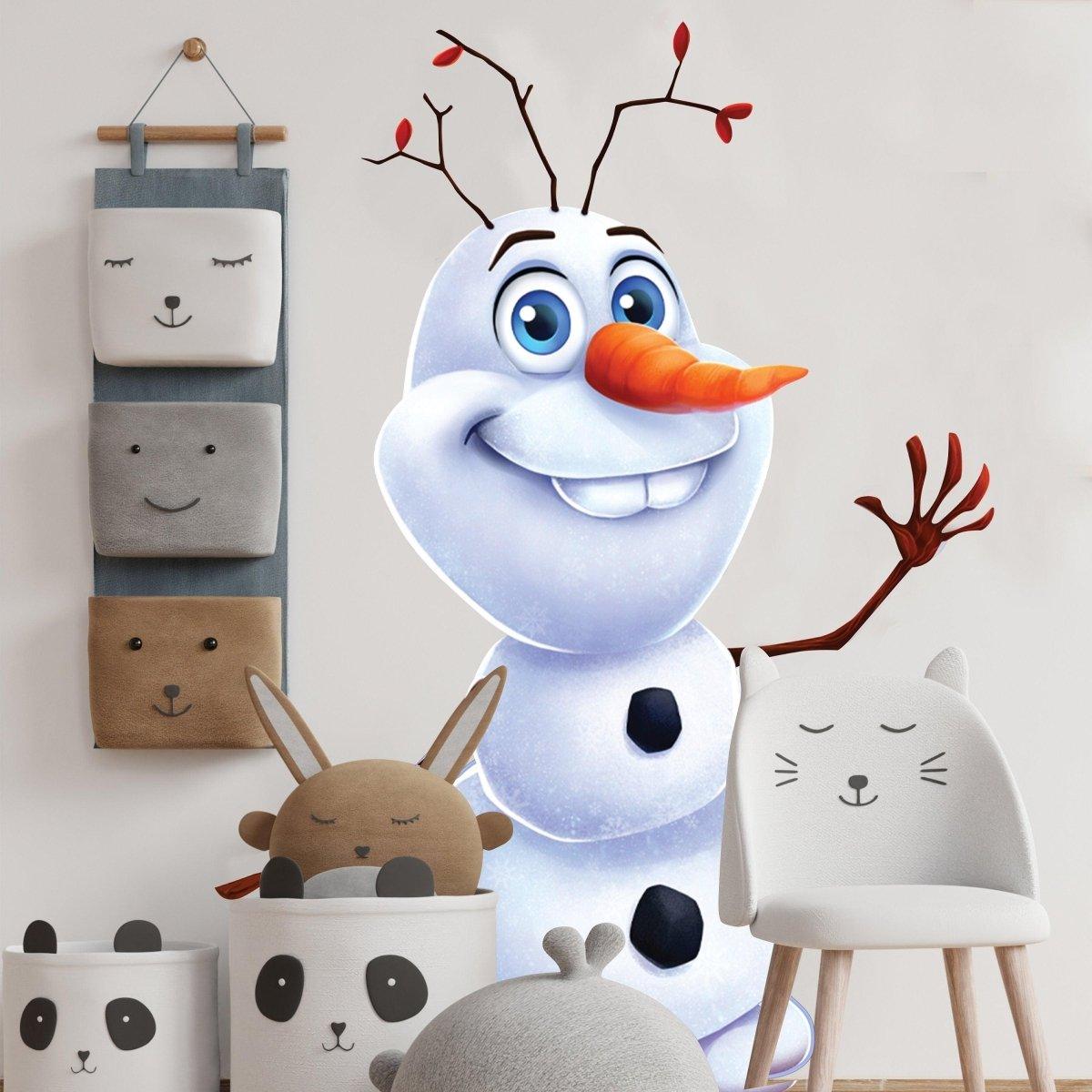 Cute snowman wall sticker decor in a cheerful kids' room with animal storage bins.