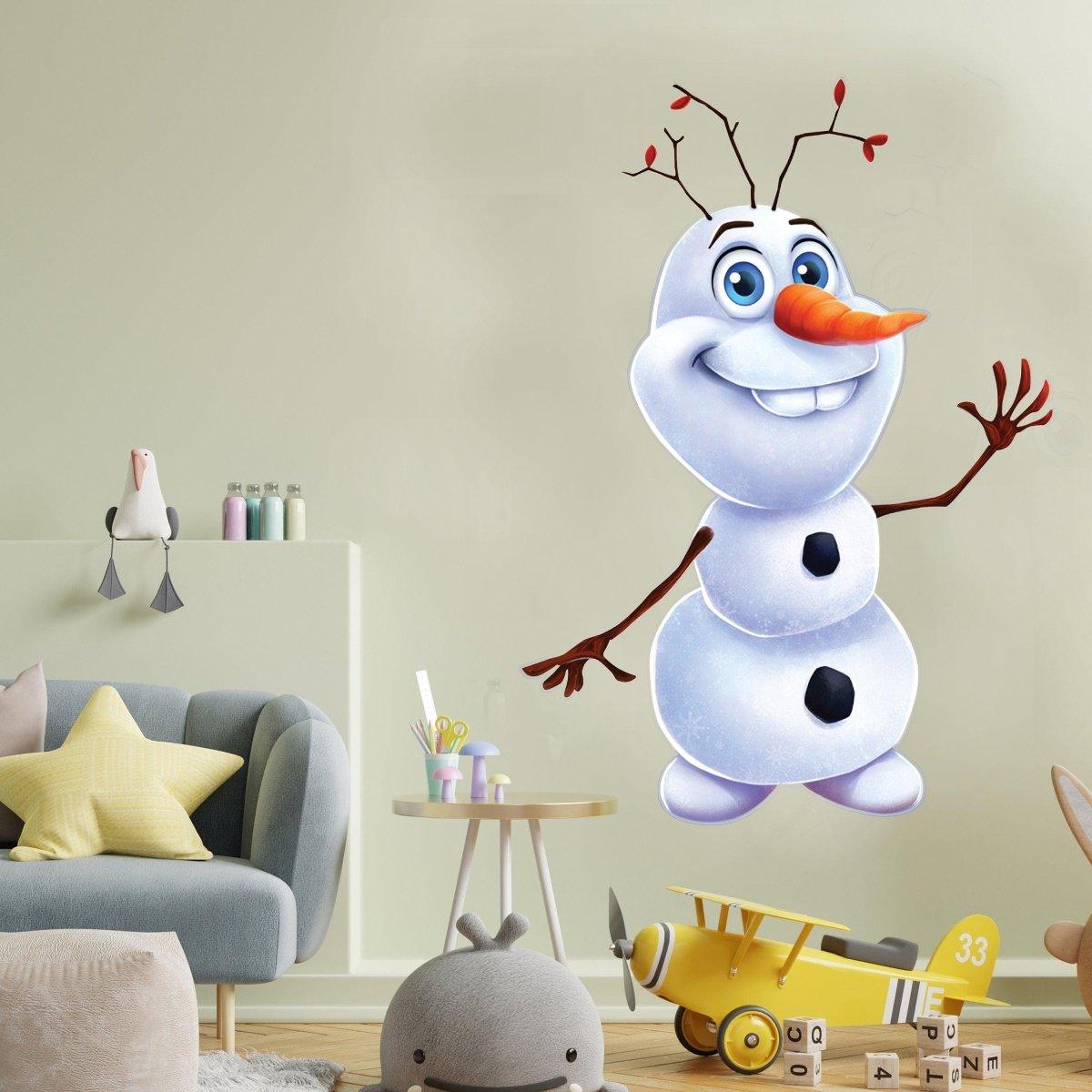 Large cute snowman wall sticker in a cozy child's room, adding a festive winter wonderland theme.