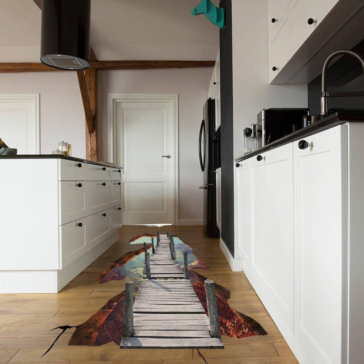 3D galaxy floor decal depicting a wooden bridge in a modern kitchen, enhancing indoor decor with a vibrant space theme.