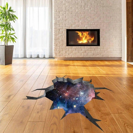 3D effect galaxy wall decal sticker art creating an illusion of a cosmic hole in wooden floor.