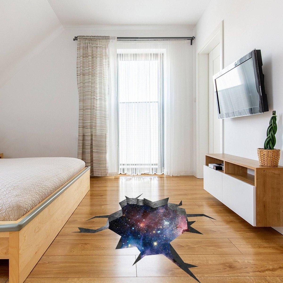 3D galactic illusion wall decal sticker art in a modern bedroom setting, showcasing a space-themed design on the floor.