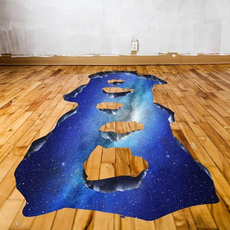 Galactic Skyway Floor Decal showcasing a 3D space bridge design on wooden flooring, enhancingroom decor.